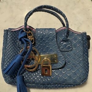 Mini Blue Faux Leather Handbag Charm / Keychain Purse with Gold Hardware